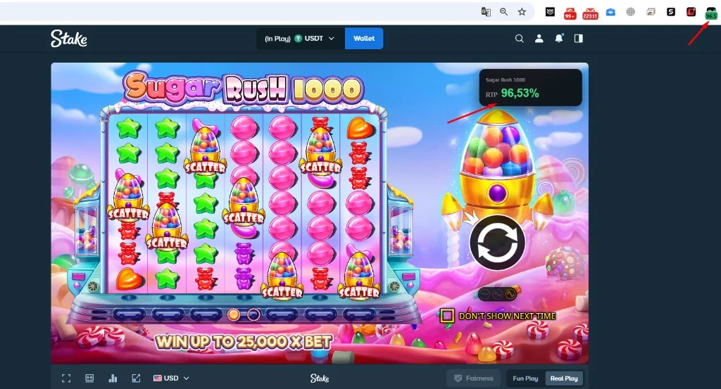 Sugar Rush 1000 by Pragmatic Play at Stake casino: the RTP Meaning pop-up in the top right corner shows an RTP of 96.53%