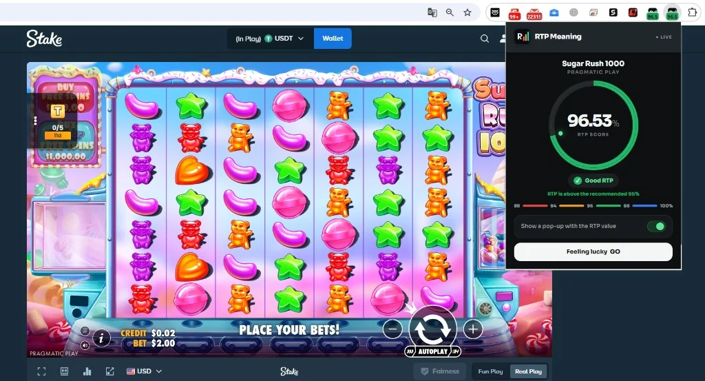 RTP Meaning window: Sugar Rush 1000, RTP 96.53%, rated Good RTP