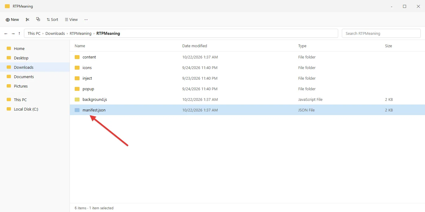 Windows File Explorer: the RTPMeaning folder with manifest.json