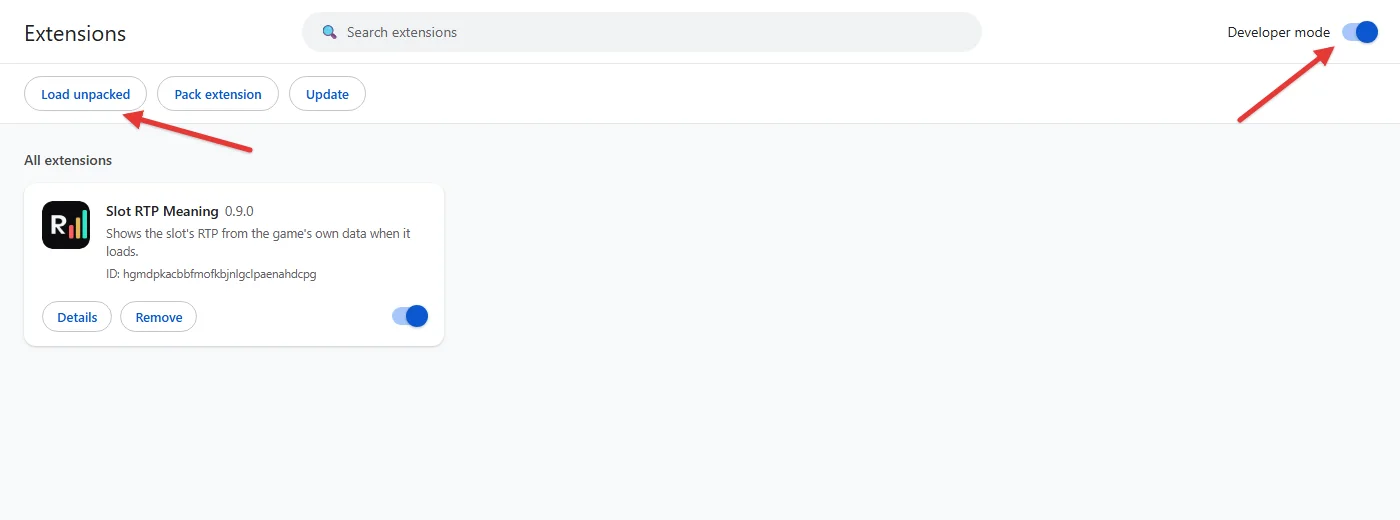 Chrome: Developer mode, Load unpacked and the Slot RTP Meaning card