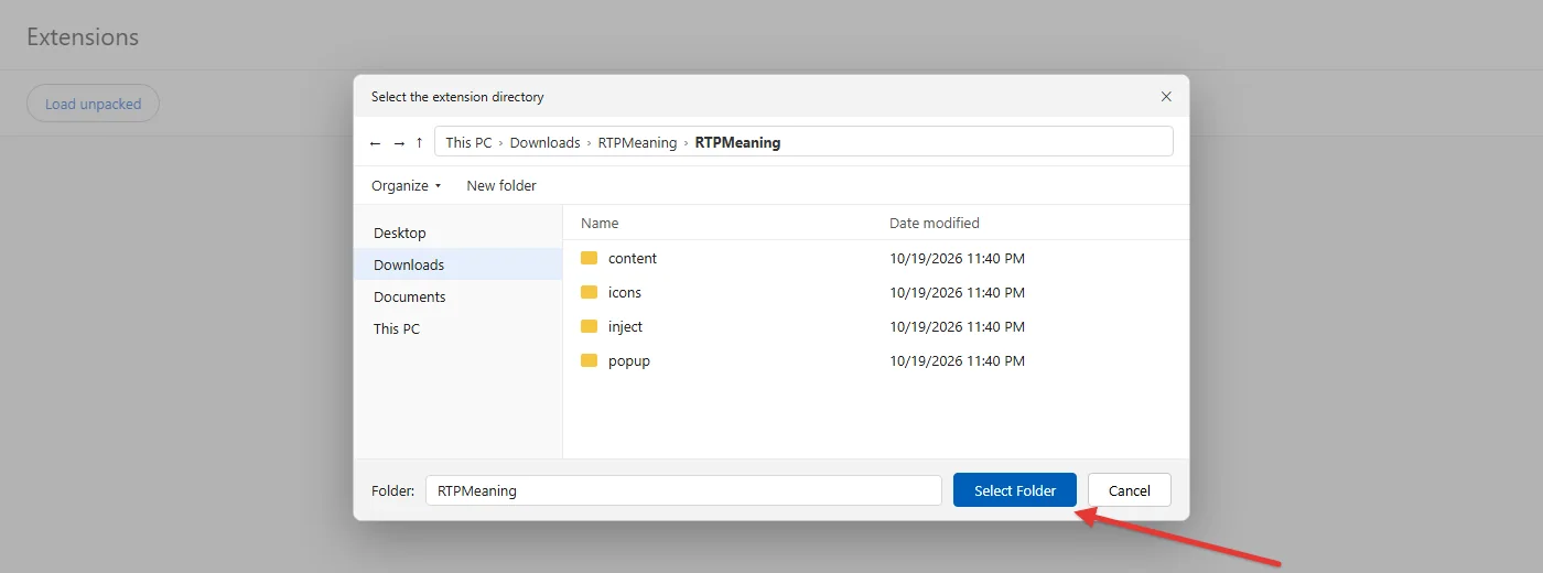 Chrome: selecting the RTPMeaning folder when loading an unpacked extension