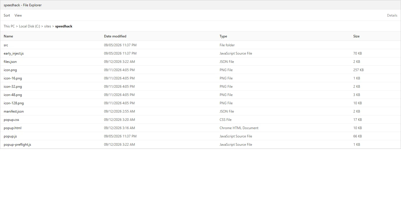 Windows File Explorer: the unpacked Speedhack folder with manifest.json, popup.html and the scripts