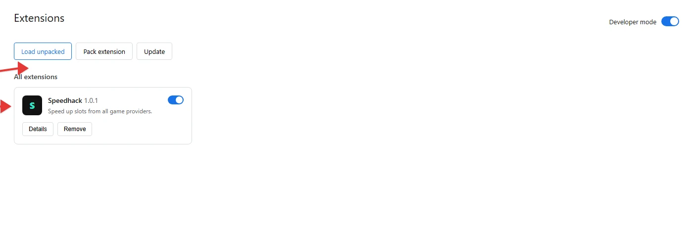 Chrome: Developer mode, Load unpacked and the Speedhack card
