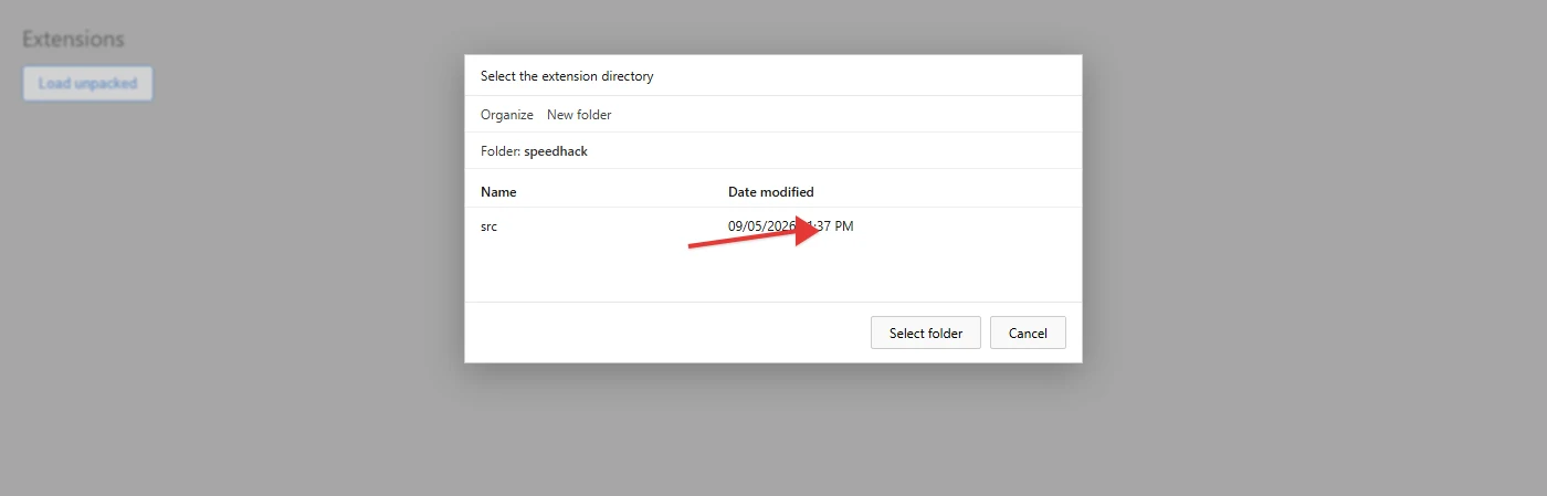 Chrome: choosing the speedhack folder when loading the unpacked extension
