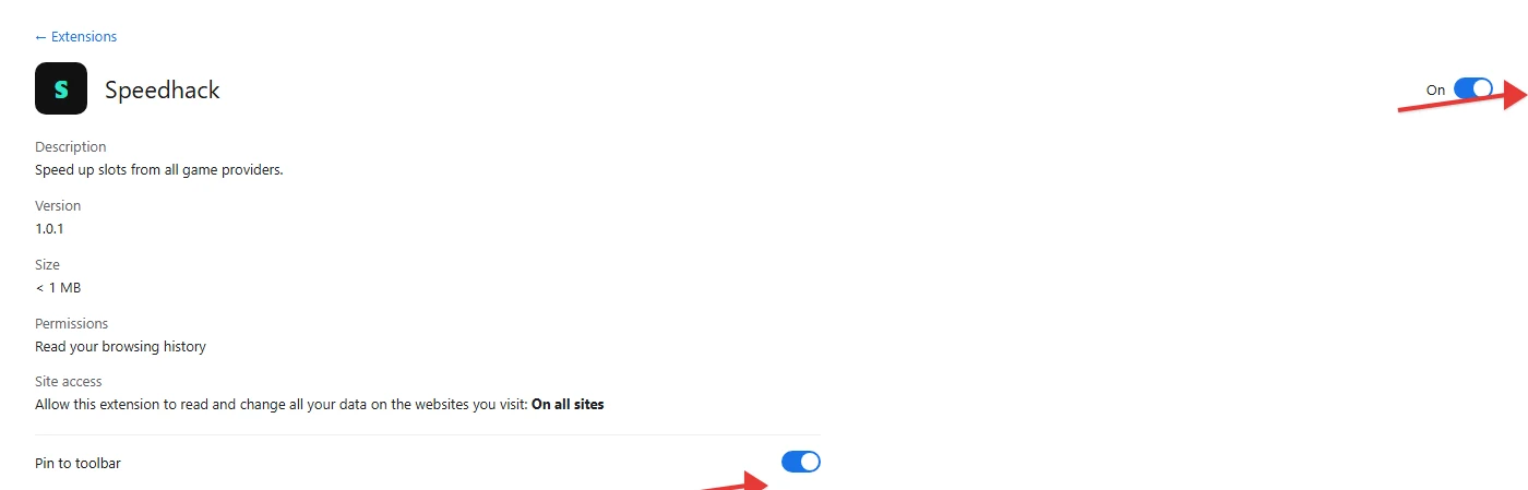 Speedhack settings: the extension is enabled and pinned to the toolbar